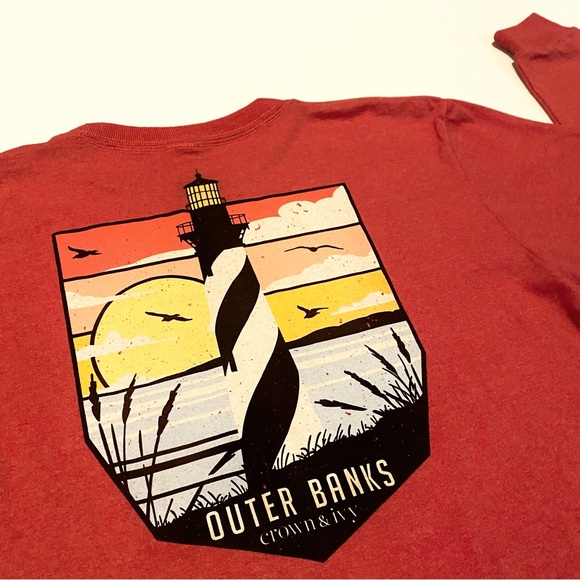 NEW! CROWN & IVY OUTER BANKS NC BEACH LIGHTHOUSE SUNSET RED LONG SLEEVE TEE SZ L - Picture 8 of 8